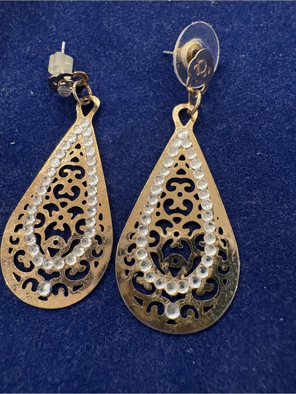 Vintage Gold Teardrop Filigree Earrings with Clear Crystals - Women Jewelry